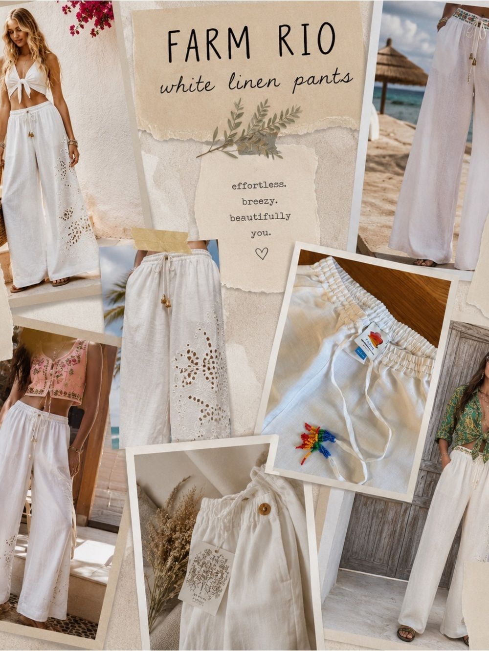 FARM Rio White Linen-Blend Drawstring Pants